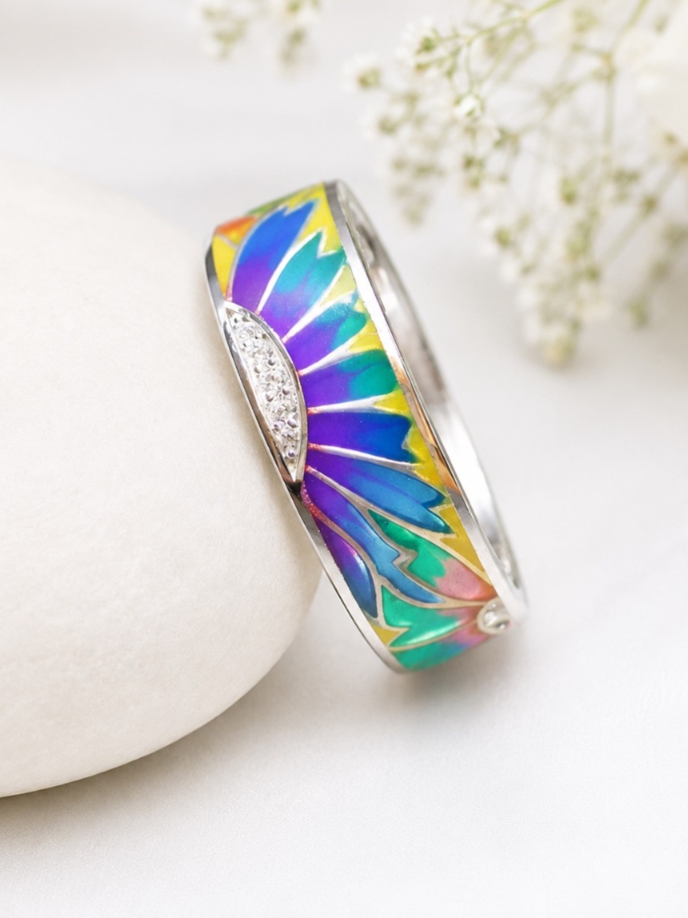 New Handmade Enamel Flower Ring Sterling Silver Cubic Zirconias